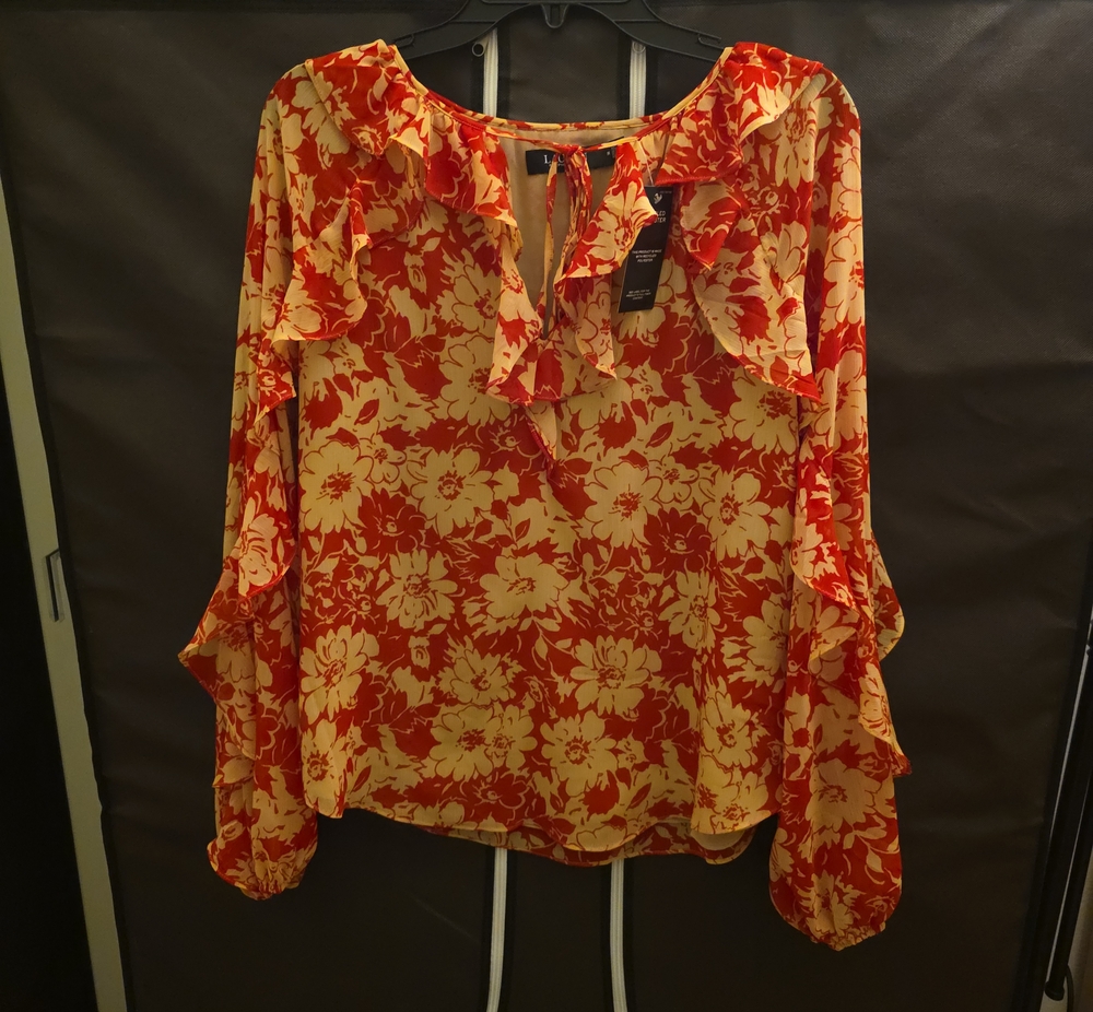 Ralph Lauren Floral Ruffled Tie-Neck Blouse in Orange and Cream